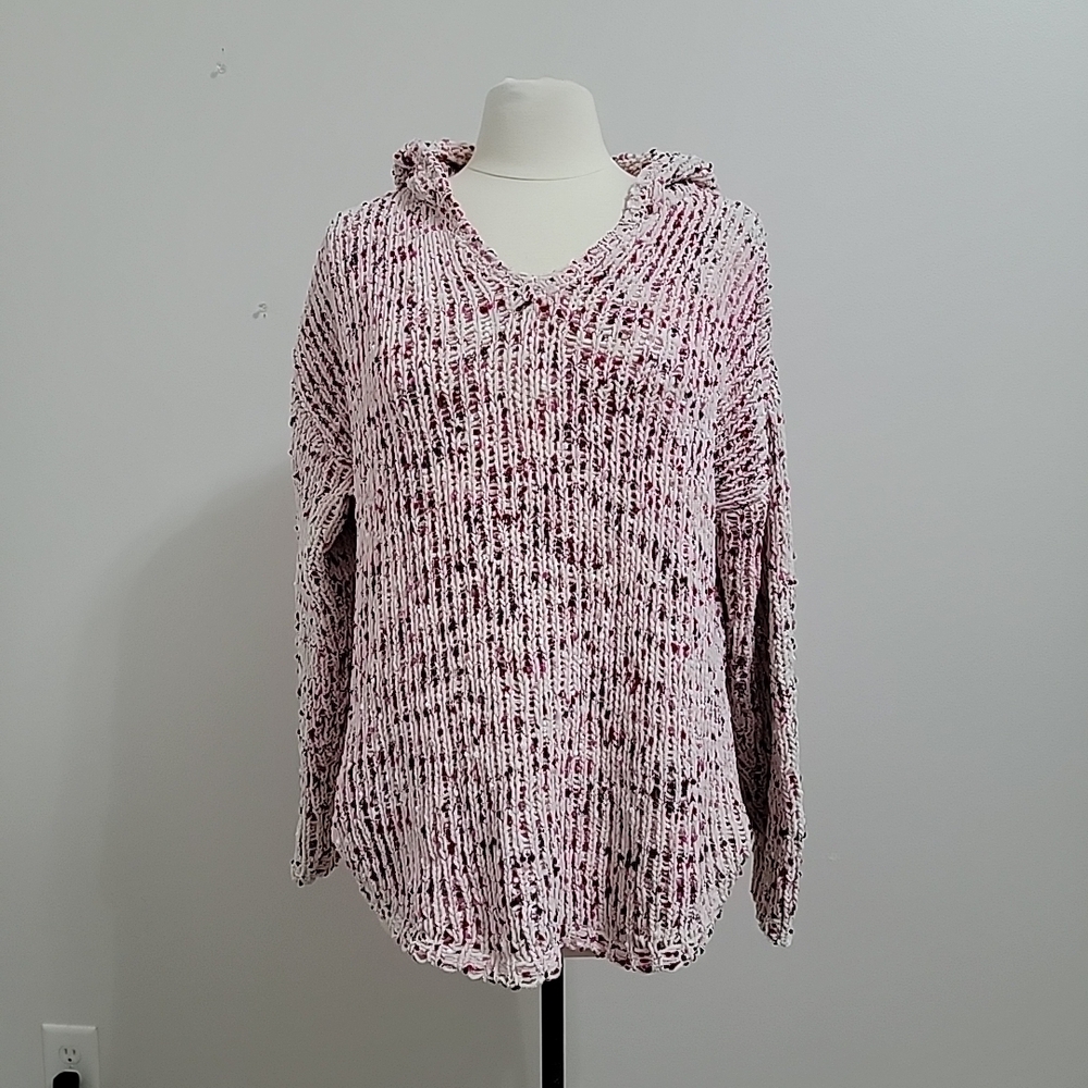 Cupio Speckled Knit Hooded Pullover Sweater Multicolor V-Neck Long Sleeve L